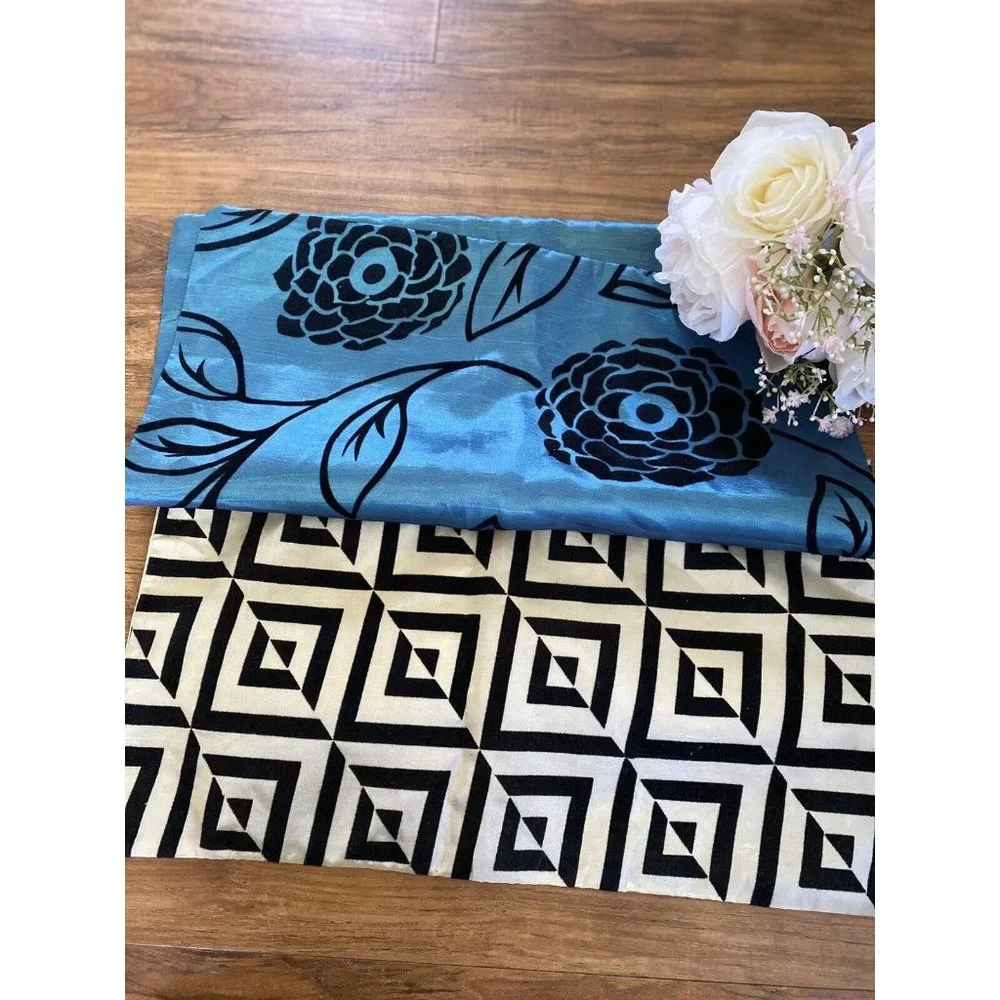 Vintage Set 2 Square Satiny Velvet‎ Detail Pillow Cases Blue Black Beige Zipper